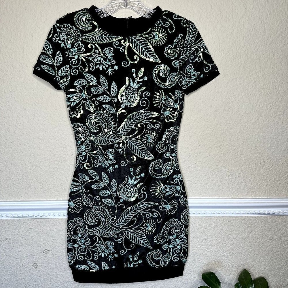 Dress the Population Cosmopolitan Malorie Turquoise Black Sequin Dress Sz Small